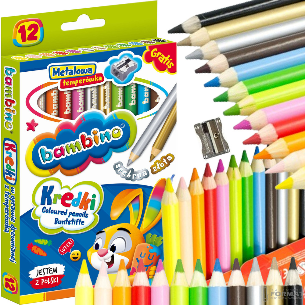 KREDKI OŁÓWKOWE DREWNIANE BAMBINO 12 KOLORÓW GRATIS METALOWA TEMPERÓWKA 1