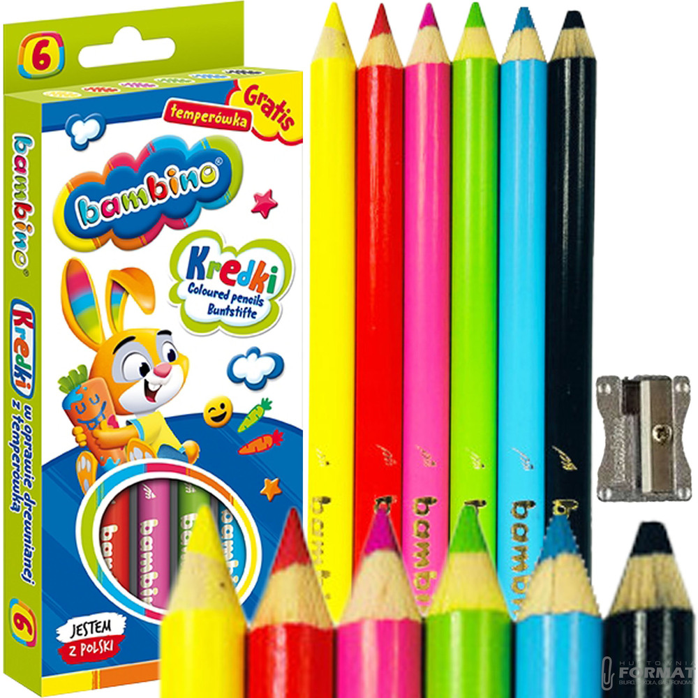 KREDKI BAMBINO GRUBE 6 SZT W OPRAWIE DREWNIANEJ GRATIS METALOWA TEMPERÓWKA 1