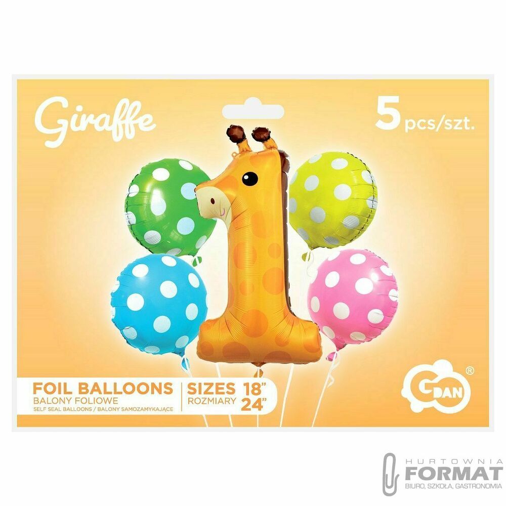 Balony foliowe - zestaw Żyrafa cyfra 1, Roczek 5sz 1
