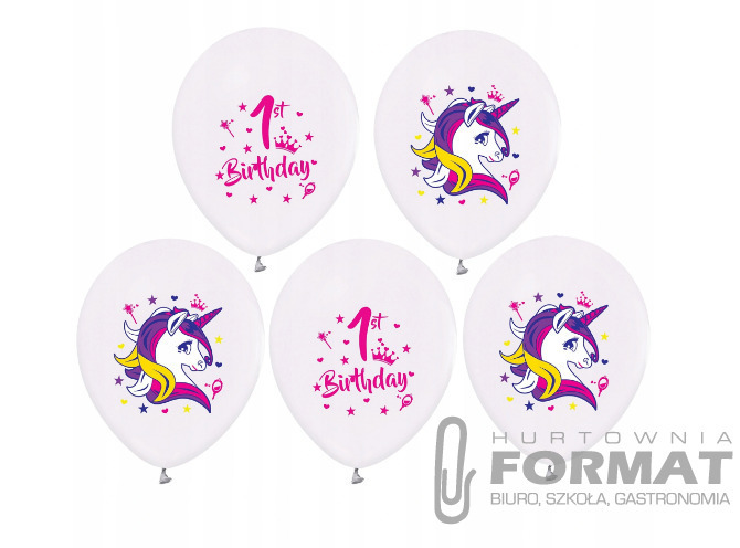 Balony 1 Urodziny (jednorożce), 12"/ 5 szt. 1