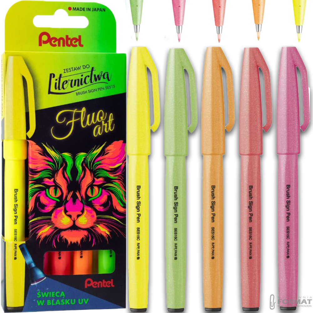 FLUORESCENCYJNE PISAKI PĘDZELKOWE DO KALIGRAFII LITERNICTWA 5SZT PENTEL 1