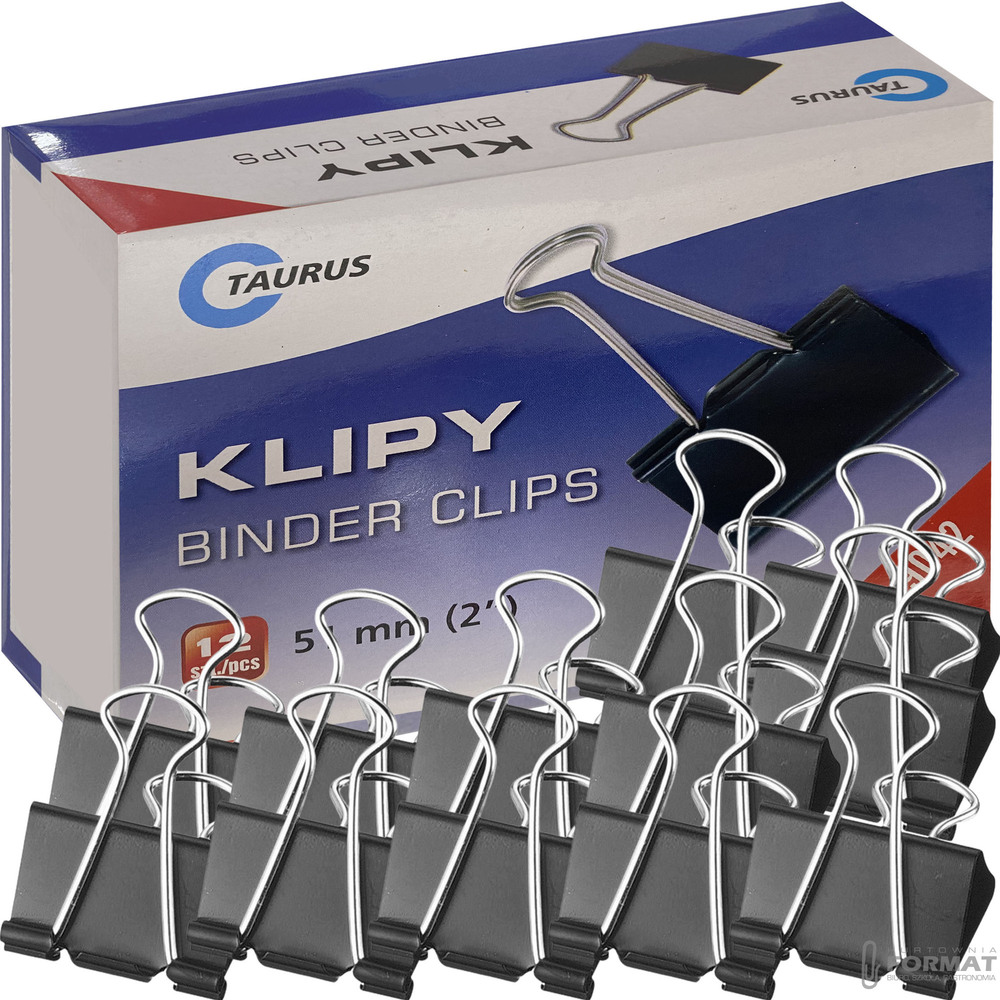 KLIPY KLIPSY BIUROWE METALOWE CZARNE TAURUS 51mm 12szt 1