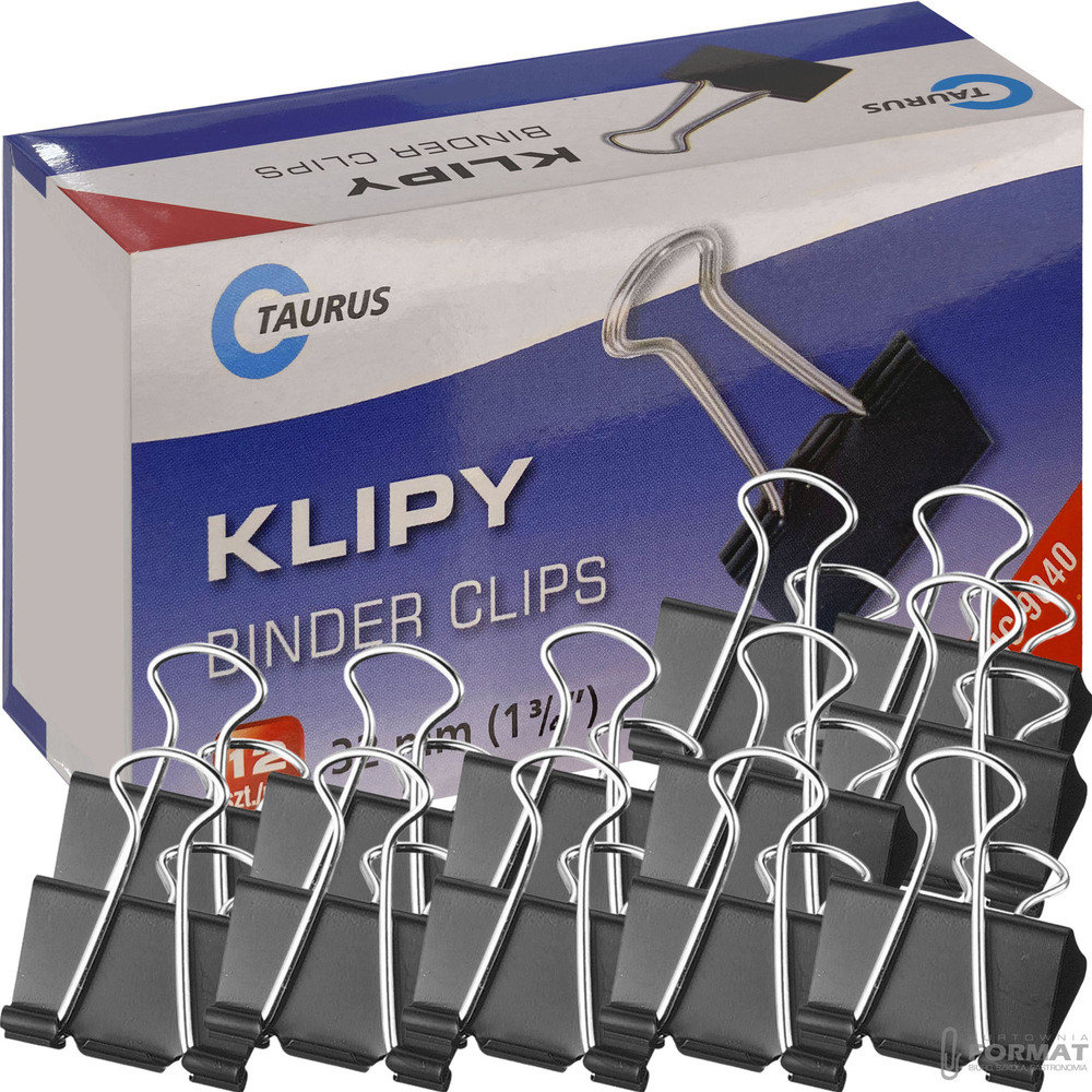 KLIPY KLIPSY BIUROWE METALOWE CZARNE TAURUS 32mm 12szt 1