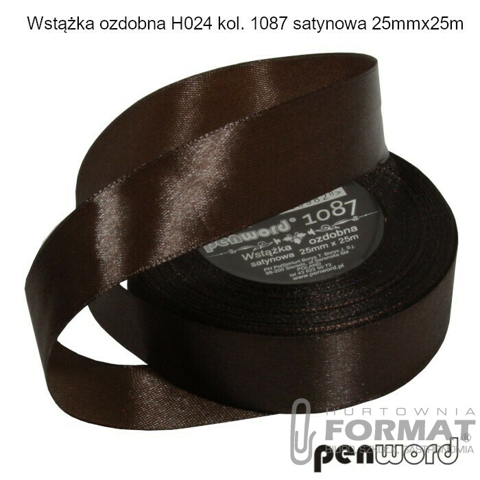 WSTĄŻKA OZDOBNA H024 KOL. 1087 CZEKOLADOWA SATYNOWA 25mmx25m 1