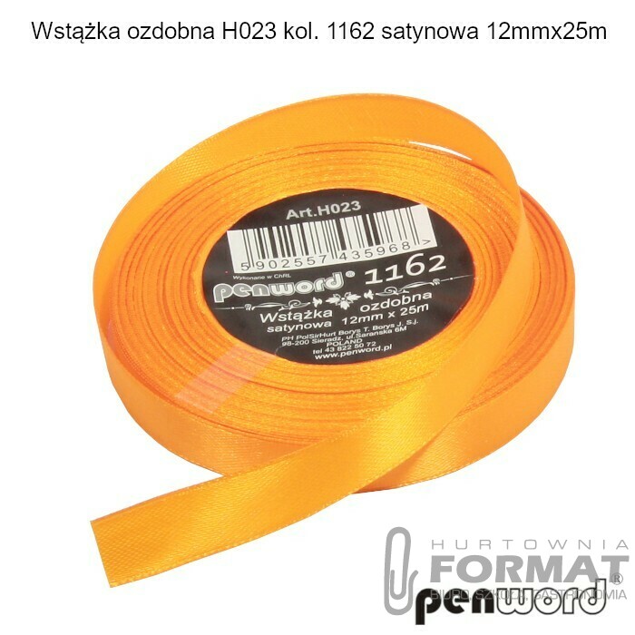 WSTĄŻKA OZDOBNA H023 KOL. 1162 POMARAŃCZOWA FLUO SATYNOWA 12mmx25m 1
