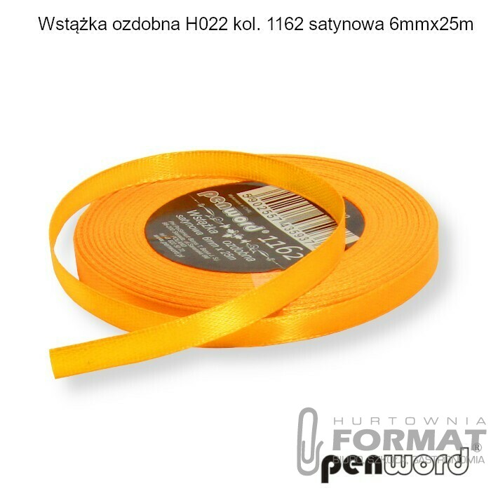 WSTĄŻKA OZDOBNA H022 KOL. 1162 POMARAŃCZOWA FLUO SATYNOWA 6mmx25m 1