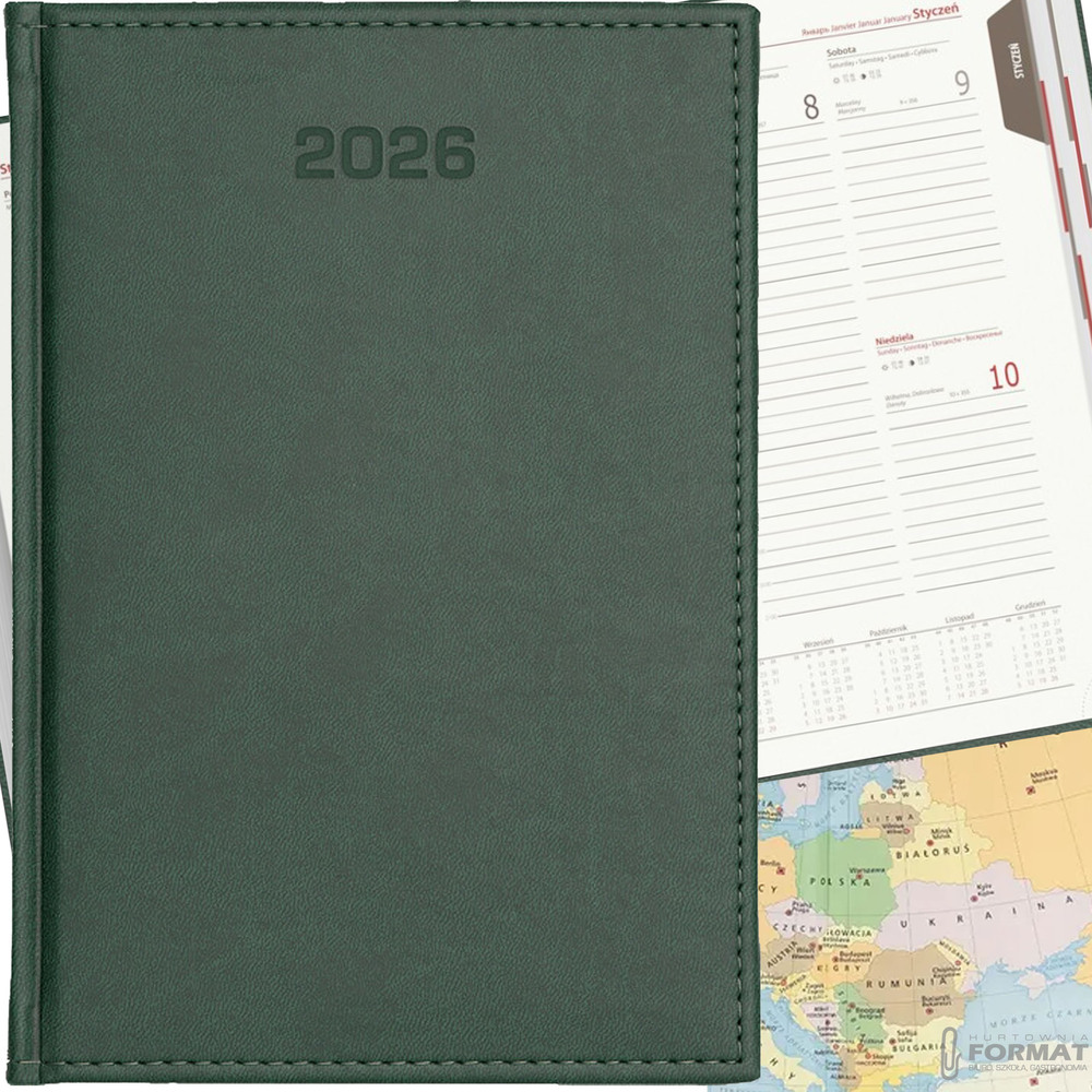 KALENDARZ TYGODNIOWY A5 TERMINARZ 2026 KSIĄŻKOWY NOTES PLANER CIEMNY ZIELONY 1