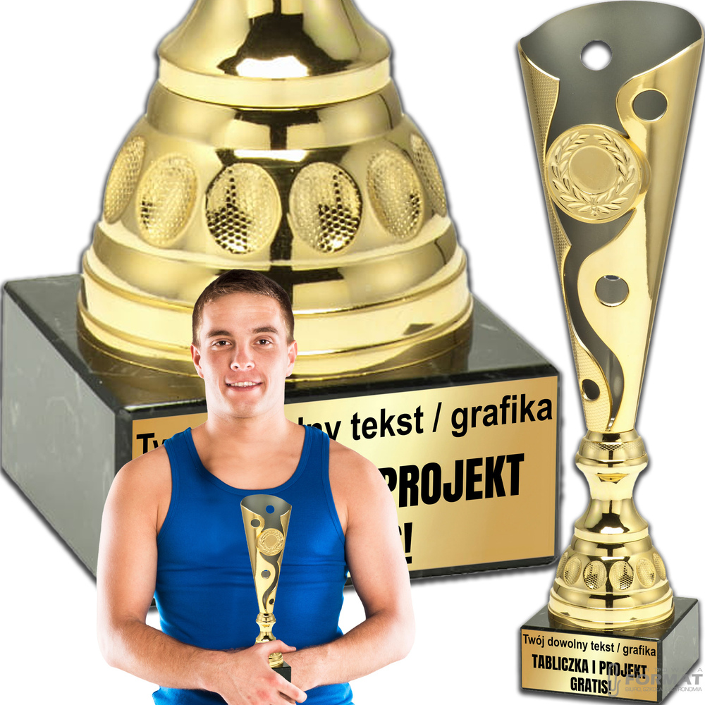 PUCHAR TROFEUM NAGRODA STATUETKA 2 MIEJSCE 39 cm KOLOR ZŁOTY + GRAWER 1