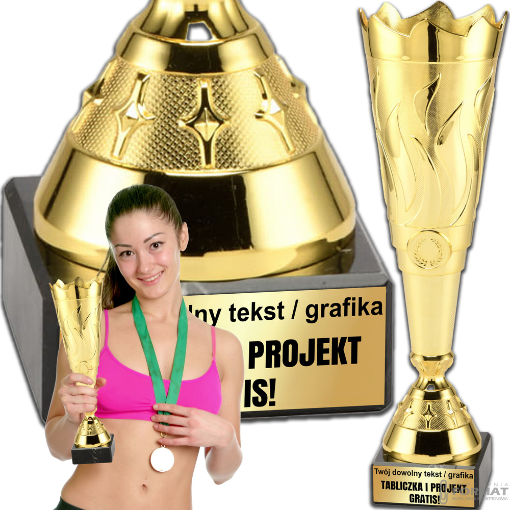 PUCHAR TROFEUM NAGRODA STATUETKA 3 MIEJSCE 36 cm KOLOR ZŁOTY + GRAWER 1