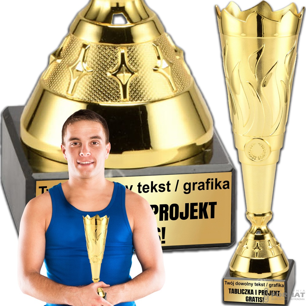 PUCHAR TROFEUM NAGRODA STATUETKA 2 MIEJSCE 38 cm KOLOR ZŁOTY + GRAWER 1
