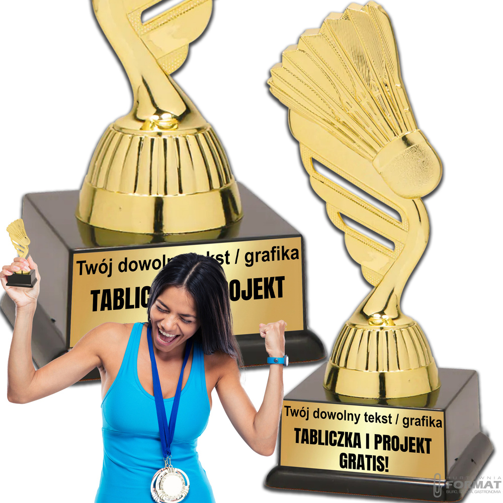 Puchar złoty trofeum nagroda statuetka badminton 3d + GRAWER 19 cm 1