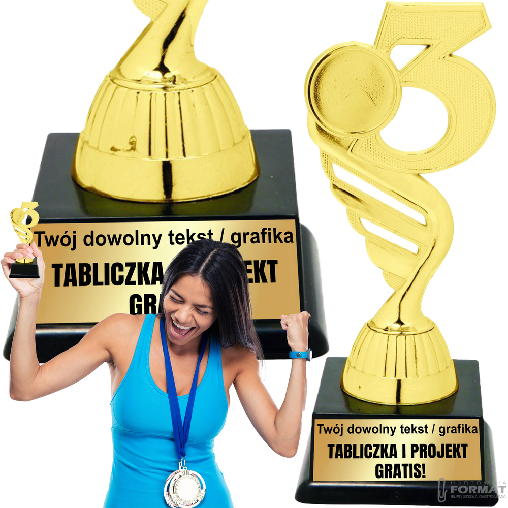 Puchar złoty trofeum nagroda statuetka trzecie miejsce 3d + GRAWER 16 cm 1