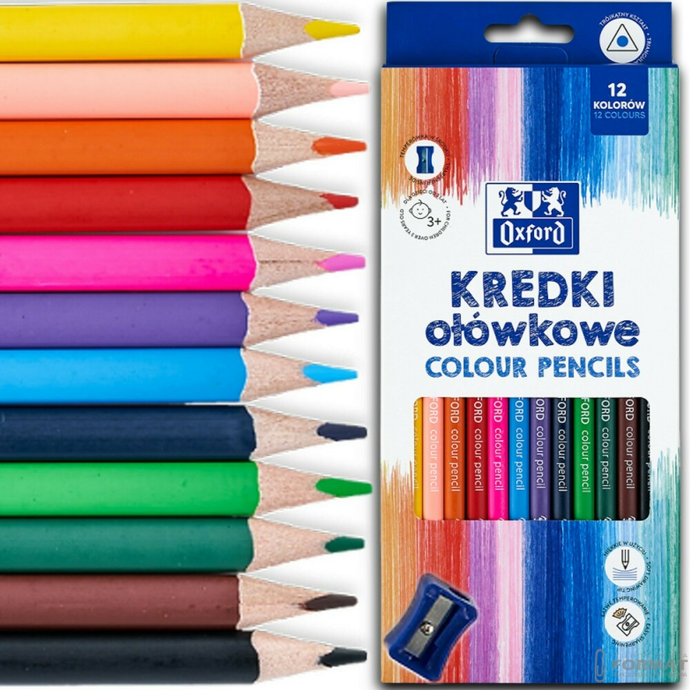 KREDKI OŁÓWKOWE SZKOLNE TRÓJKĄTNE ERGONOMICZNE OXFORD REGULAR 12 KOLORÓW 1