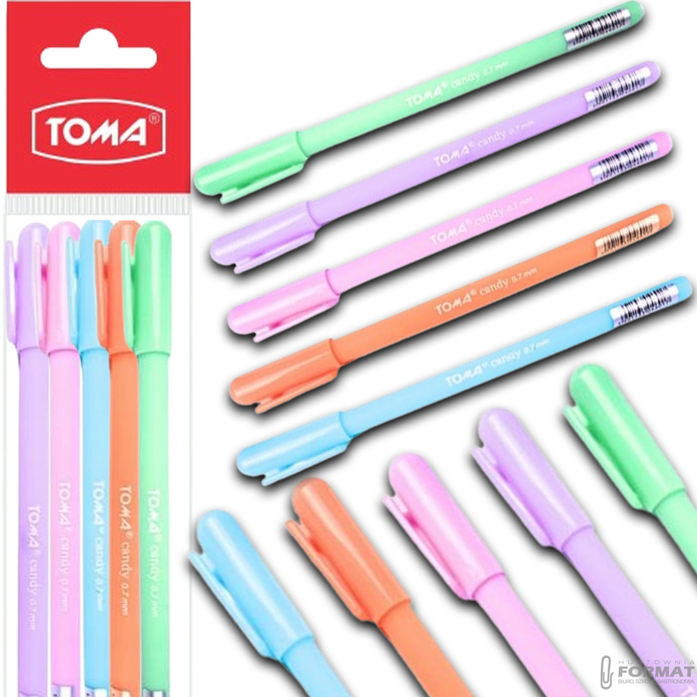 ZESTAW DŁUGOPISÓW TOMA CANDY 0,7mm RÓŻ FIOLET NIEBIESKI POMARAŃCZ ZIELONY 1