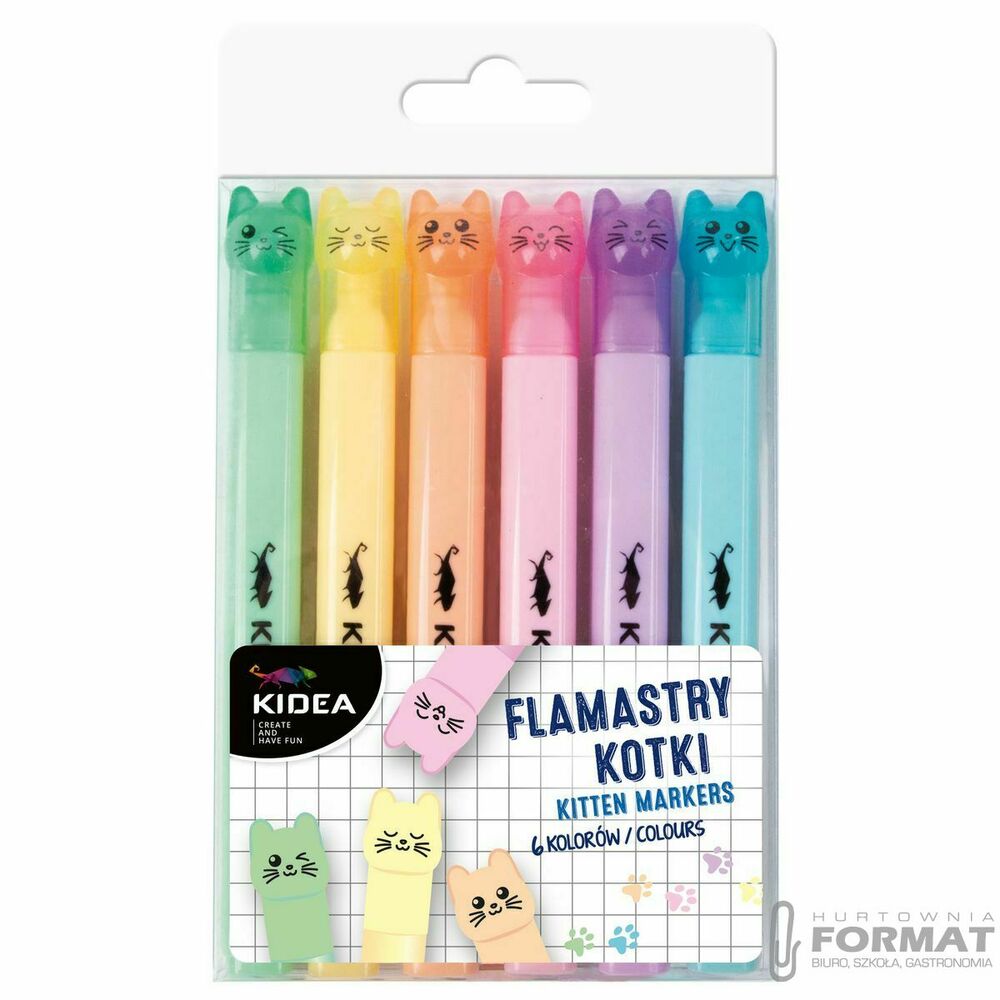 Flamastry KOTKI 6 kolorów mazaki Kidea 1