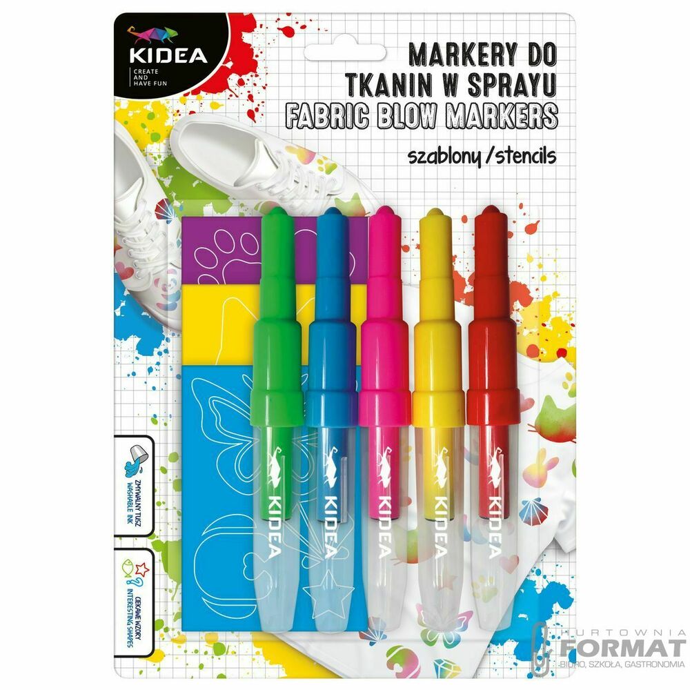 Markery do tkanin 5 kolorów w sprayu z szablonami 1