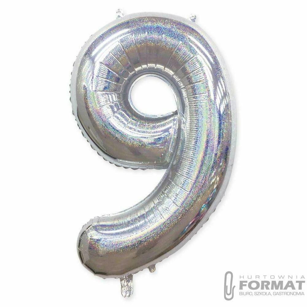 Balon foliowy Cyfra 9 Srebrny hologra. 40"/102 cm 1