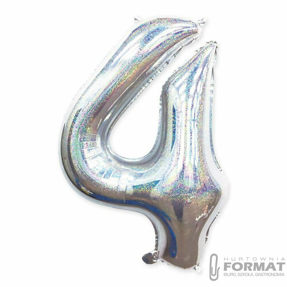 Balon foliowy Cyfra 4 Srebrny hologra. 40"/102 cm 1