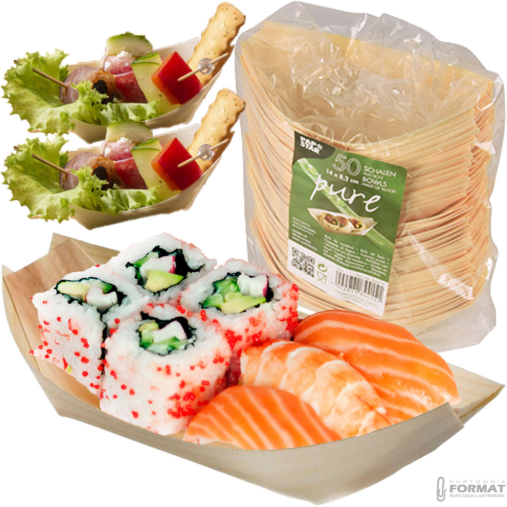 FINGERFOOD MISECZKI DREWNIANE ŁÓDKA 14x8cm 50szt SUSHI NA PRZEKĄSKI SUSHI 1