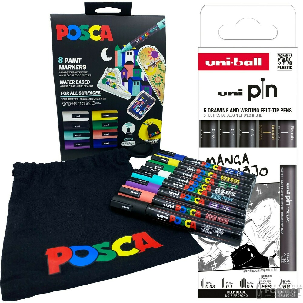 POSCA ZESTAW 8szt PC-5M KARTONIK Z TOREBKĄ PIN-200 + CIENKOPISY Manga Shojo 1
