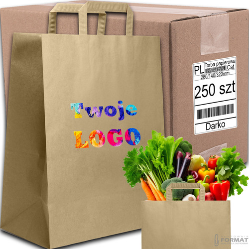 TORBA PAPIEROWA CATERINGOWA BRĄZOWA 260/140/320mm 26/14/32cm 250SZT +NADRUK 1