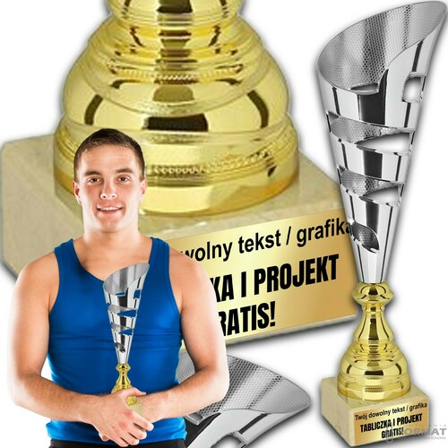 PUCHAR TROFEUM NAGRODA STATUETKA SOLIDNA 3D 36 cm KOLOR SREBRNY + GRAWER 1