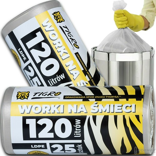 WORKI NA ŚMIECI TIGRO LDPE 120L A25 25SZT TRANSPARENTNE BEZBARWNE BIO MOCNE 1