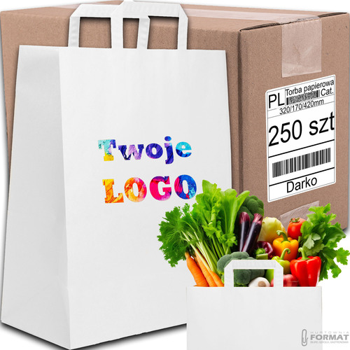 TORBA PAPIEROWA CATERINGOWA BIAŁA 320/170/420mm 32/17/42cm 250SZT EKO+NADRUK 1