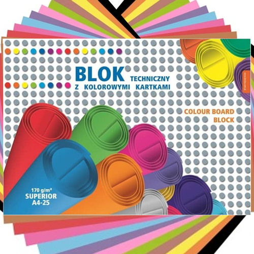 BLOK TECHNICZNY A4 SUPERIOR KOLOROWY SZKOLNY 25 KOLORÓW KARTEK ARKUSZY 1