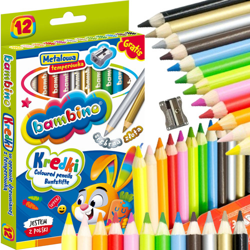 KREDKI OŁÓWKOWE DREWNIANE BAMBINO 12 KOLORÓW GRATIS METALOWA TEMPERÓWKA 1