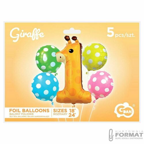 Balony foliowe - zestaw Żyrafa cyfra 1, Roczek 5sz 1