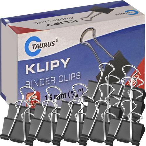 KLIPY KLIPSY BIUROWE METALOWE CZARNE TAURUS 15mm 12szt 1