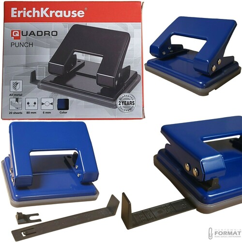 NIEBIESKI METALOWY SOLIDNY DZIURKACZ QUADRO DO 20 KARTEK ERICHKRAUSE 1