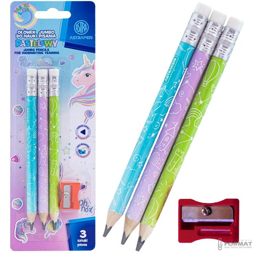 OŁÓWKI GRAFITOWE TRÓJKĄTNE HB JUMBO UNICORN Z TEMPERÓWKĄ 3 SZTUKI ASTRA 1
